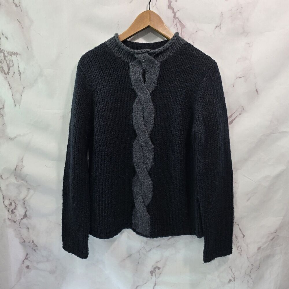 LL Bean Sweater Womens Medium Black Gray Mohair Wool Cable Knit Roll Neck Twist
